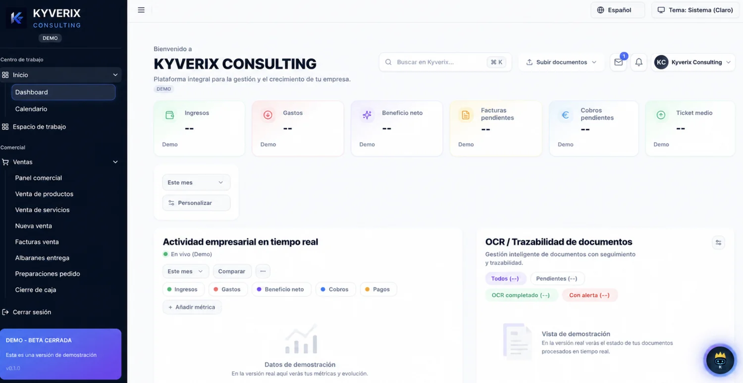 Espacio de trabajo de Kyverix: dashboard con KPIs, actividad en tiempo real y OCR de documentos (datos de demostración)